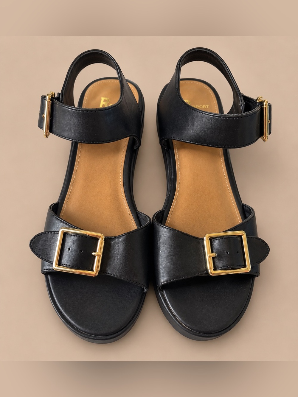 Report Black Buckle Sandals Gold Hardware Women’s Size 11